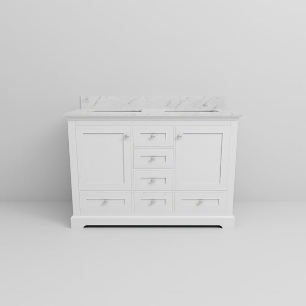 English Elm White Double Bath Vanity 48 in W x 22 in D with Carrara Marble Top, Solid Wood, Soft-Close Drawers, Ample Storage B2731P258173