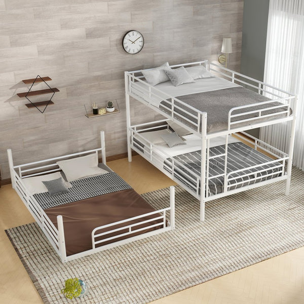 English Elm Twin Triple Metal Bunk Bed Matte Powder Coated Frame with Full Safety Guardrails Light White W1580S00581