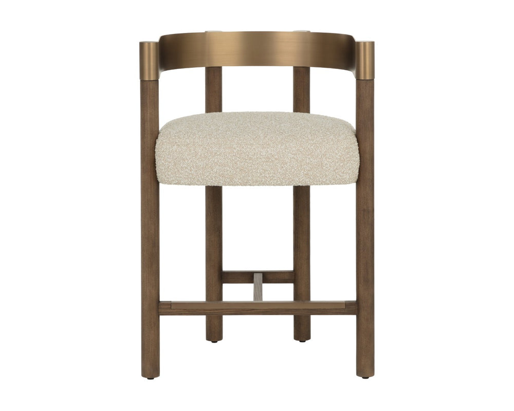 Sunpan MANOLO Counter Stool - Elegant Santa Cruz Oatmeal Fabric with Antique Brass Accents & Warm Wood 112547