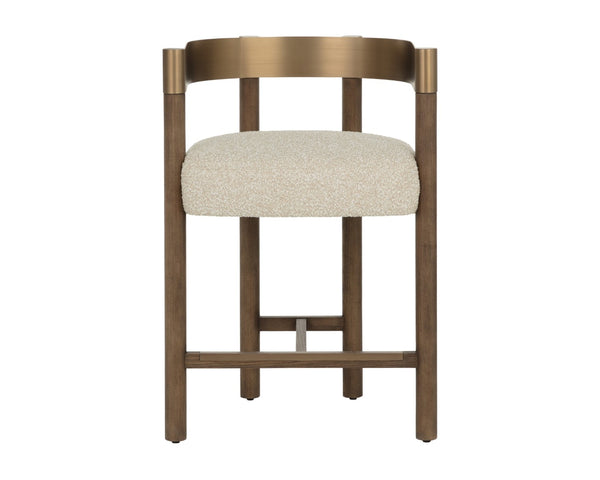 Sunpan MANOLO Counter Stool - Elegant Santa Cruz Oatmeal Fabric with Antique Brass Accents & Warm Wood 112547