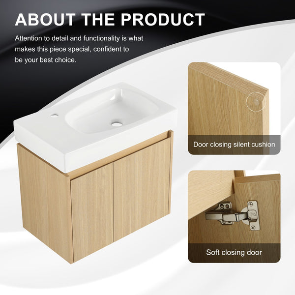 English Elm 24 Inch Bathroom Vanity Floating Ceramic Basin Sink Combo with Double-Door Wall-Mounted Storage Cabinet Durable Engineered Wood Modern Design Oak W1972P190341