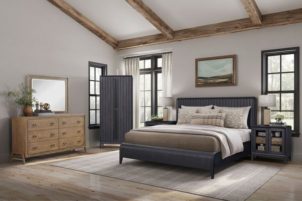 English Elm Queen Waterfall Panel Bed with Channel Headboard, Elm Veneer Peppercorn Finish, Solid Wood Craftsmanship B2699S00046