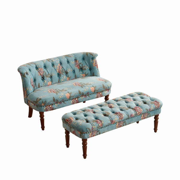 English Elm Sofa Accent Chair Tufted Floral Upholstery Turned Wood Legs European Vintage Bedroom W3373S00076