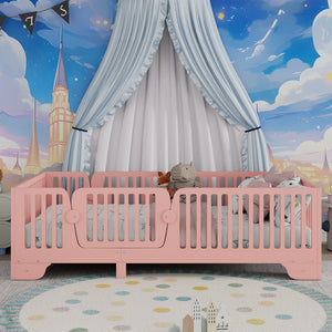English Elm Twin Montessori Floor Bed with Safety Rails Hinged Door and Plywood Slats for Kids Pink W2593P381410