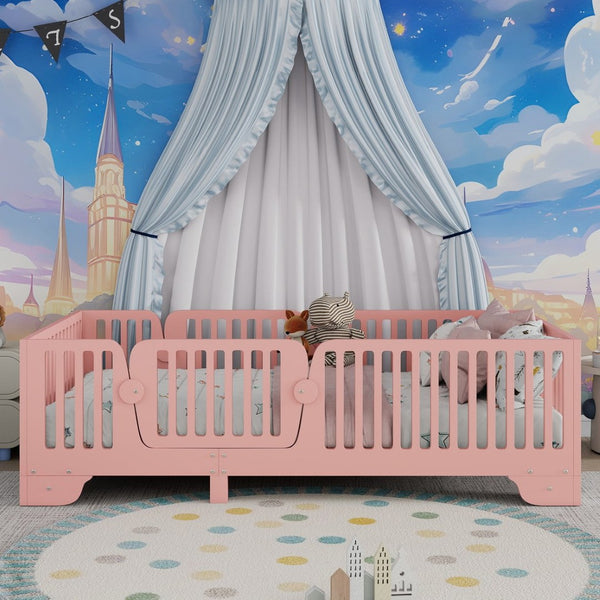 English Elm Twin Montessori Floor Bed with Safety Rails Hinged Door and Plywood Slats for Kids Pink W2593P381410