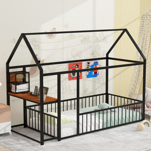 English Elm Twin House Bed Frame with Roof & Fence, Metal Twin Loft with Built-In Desk Shelves USB Outlets Black N737P173490B