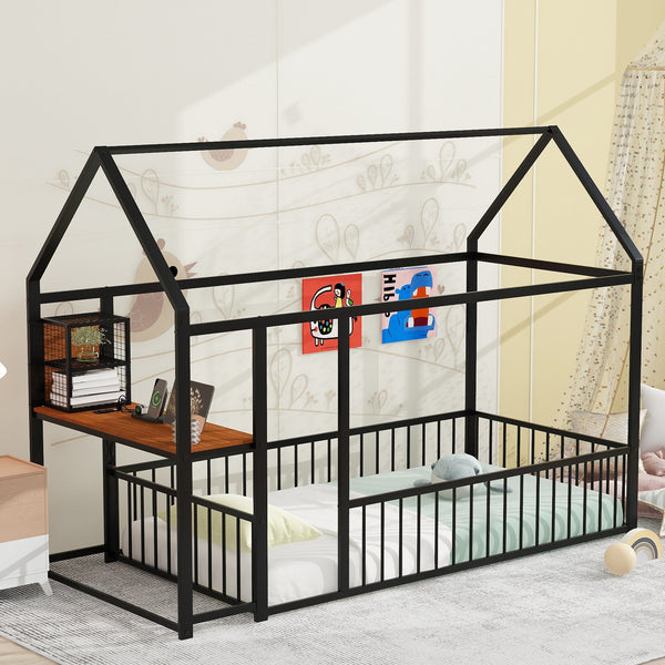 English Elm Twin House Bed Frame with Roof & Fence, Metal Twin Loft with Built-In Desk Shelves USB Outlets Black N737P173490B