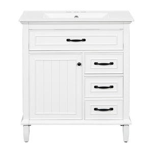 English Elm 30 Inch Freestanding Bathroom Vanity Solid Pine Cabinet Ceramic Sink Top Storage White N725P412782K