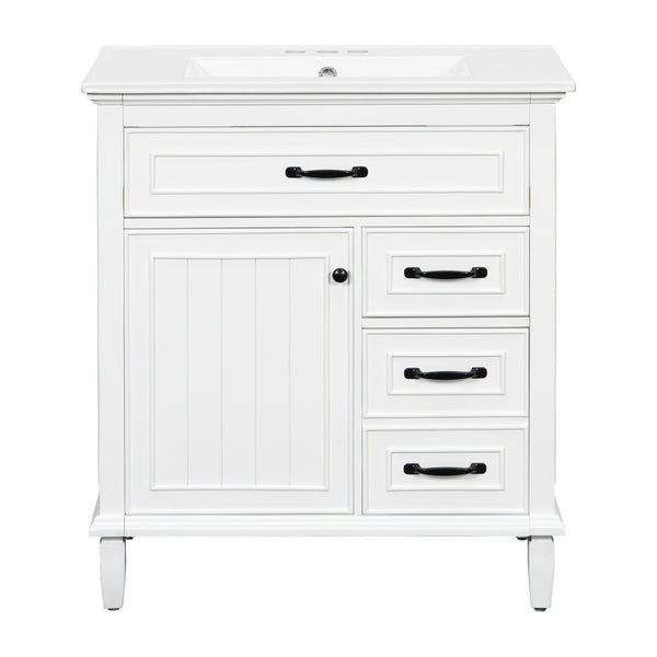 English Elm 30 Inch Freestanding Bathroom Vanity Solid Pine Cabinet Ceramic Sink Top Storage White N725P412782K