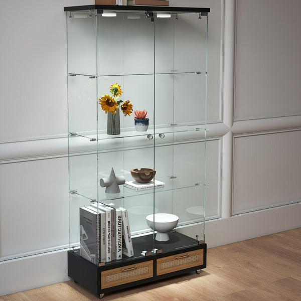 English Elm Modern Glass Display Cabinet With Led Lights, 4 Shelves & Drawers - Stylish Furniture For Collectors W241S00057