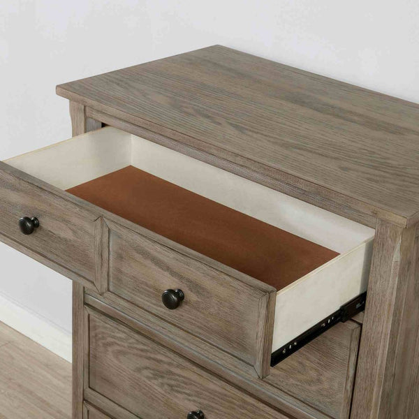 English Elm Wire-brushed Warm Gray Wood Grain Chest with Black Round Knobs for Bedroom Storage B2741P460175