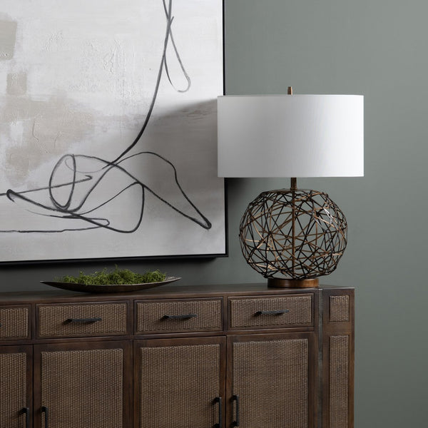 Crestview Collection 30"H Metal Table Lamp - Modern Design With Faux Leather, White Linen Shade & 150w Bulb Versatility   Cvazer148