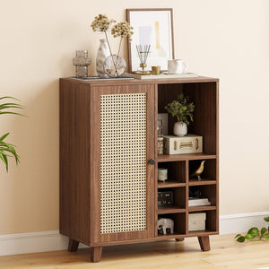 English Elm Rattan Cane Front Sideboard with Drawers Adjustable Shelf Bohemian Storage Cabinet Walnut T3623P434765