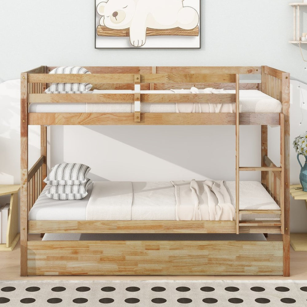 English Elm Twin Over Twin Bunk Bed With Trundle - Versatile Rubberwood Design, Safety Guardrails, Rustic Oak Finish W504S00159-GIGA