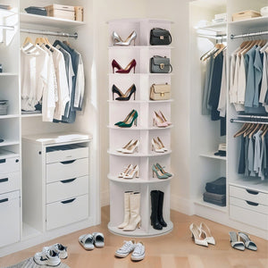 English Elm 7 Tier Rotating Shoe Rack Tower with Boot Slot, 360° Spinning Organizer Holds 28 Pairs, White W3204P300607