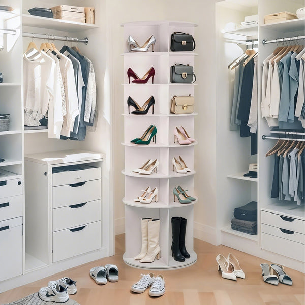 English Elm 7 Tier Rotating Shoe Rack Tower with Boot Slot, 360° Spinning Organizer Holds 28 Pairs, White W3204P300607