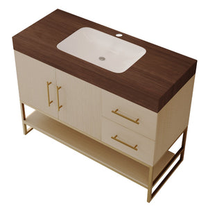 English Elm 36" Freestanding Bathroom Vanity Sintered Stone Top Brushed Gold Legs Wood Cabinet W3136S00056