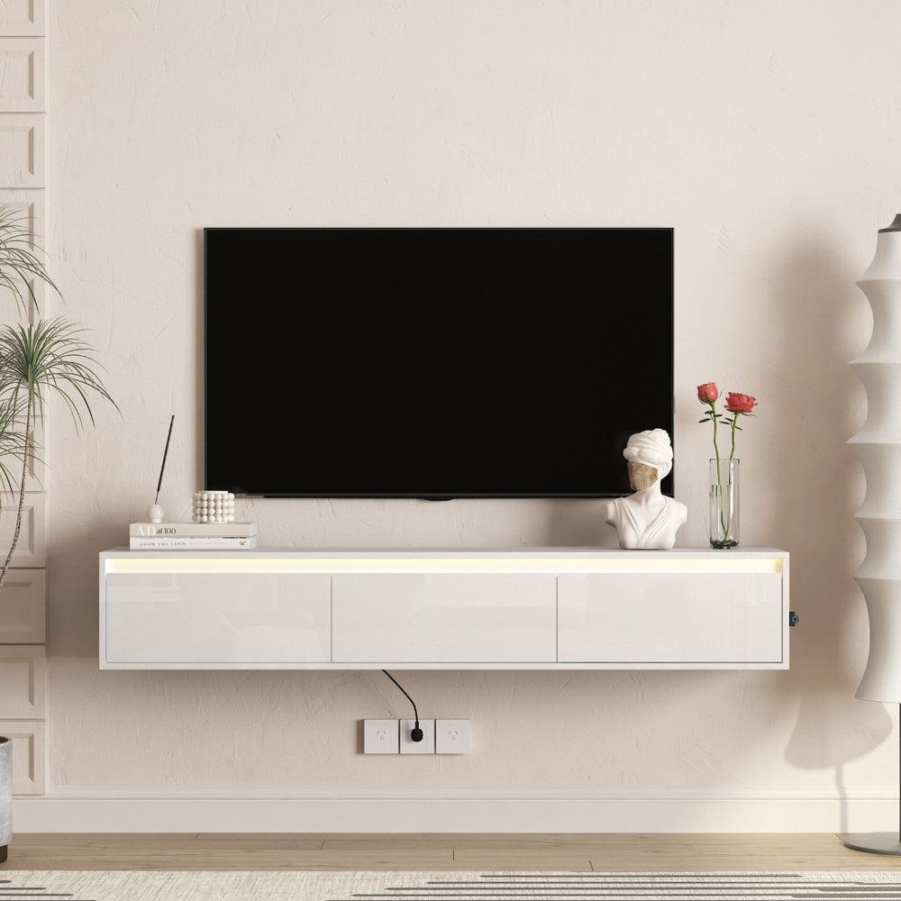 English Elm Floating Wall Mounted Tv Shelf with Led Lighting Power Outlets Gloss White Media Storage W1321P351899
