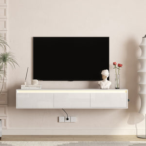 English Elm Floating Wall Mounted Tv Shelf with Led Lighting Power Outlets Gloss White Media Storage W1321P351899
