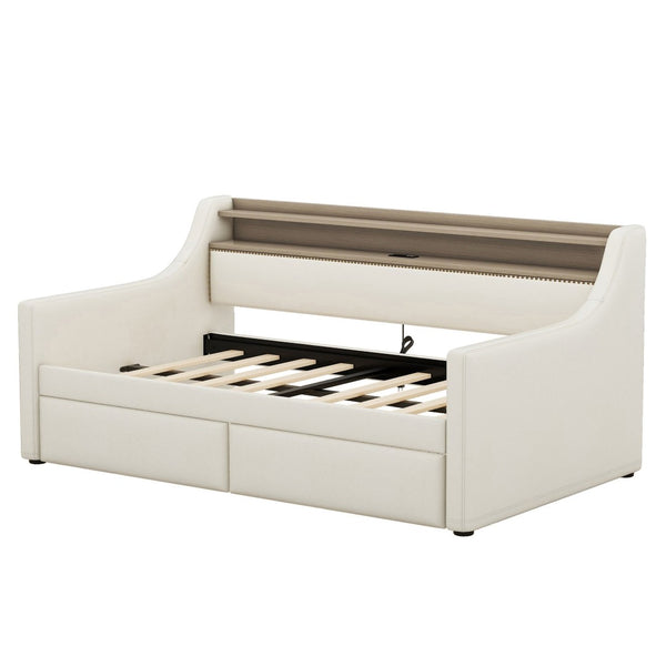 English Elm Twin Size Daybed With Storage Drawers, Charging Station & Led Lights - Stylish Beige Upholstered Design W1580S00033-GIGA