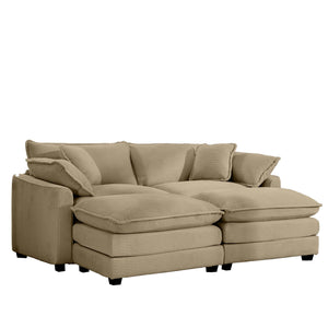 English Elm Corduroy Two-Seater Sofa With Ottoman & Footrest - Chic Tan Sofa For Small Spaces & Cozy Living Areas W714S00791