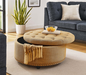 English Elm Tufted Linen Square Ottoman with Lift Top Storage Nailhead Trim Living Room Orange B2748P481673