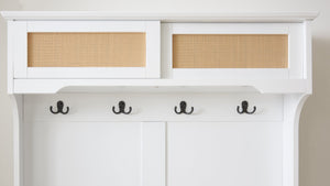 English Elm Clothes Hall Tree Storage Bench with Adjustable Shelves, Sliding Doors, Solid Poplar Feet & Shoe Bench White W2275P210040