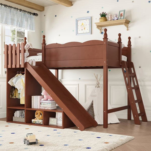 English Elm Twin Loft Bed Solid Pine Frame with Wardrobe Shelving Detachable Slide Kids Room Antique Natural W5305S00020