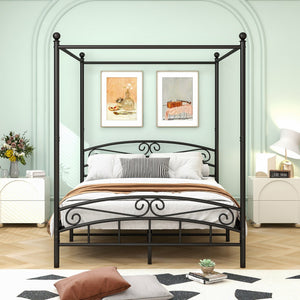 English Elm Queen Metal Canopy Bed Frame with Headboard & Footboard, Black Steel, 500lb Capacity, 12.4" Storage W84034157