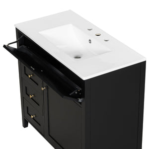 English Elm 36-Inch Black Bathroom Vanity With Sink – Modern Design, 3 Drawers, Adjustable Shelf For Storage N725P350821B