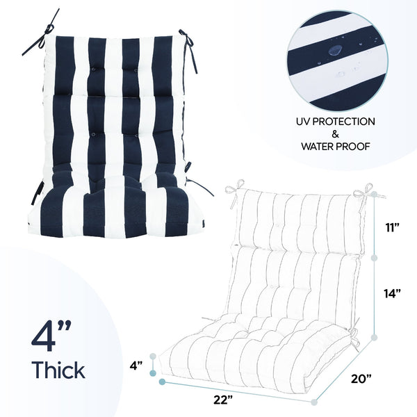 English Elm 2 Piece High Back Patio Chair Cushions Set, Tufted Reversible Outdoor Rocking & Adirondack Pads for Porch Seating Blue Stripe W419P271777