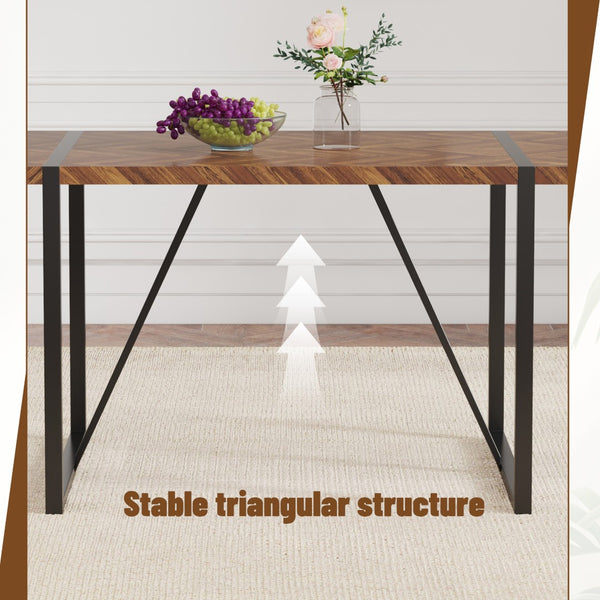 English Elm Table and Chair Set Fishbone Mdf Top with Six Brown Upholstered Seats for Dining W1151S03139