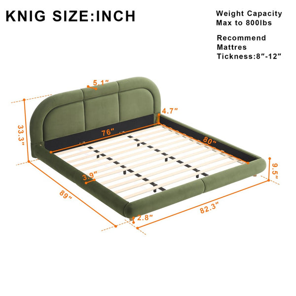 English Elm King Curved Velvet Upholstered Low Profile Platform Bed Sculpted Headboard Modern Green W5632P452163