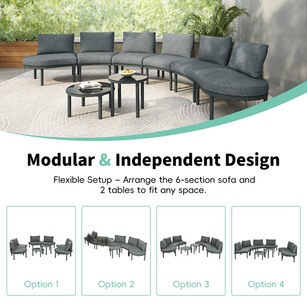 English Elm TOPMAX 8-Piece Patio Sofa Set with Modular Half-Moon Sectionals, Tempered Glass Tables, Cushioned Komfort Gray SP100029AAE