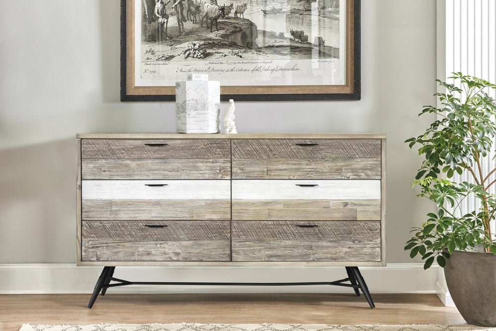 English Elm Bridges Solid Acacia Six Drawer Dresser Warm Two Tone Grain for Modern Interiors B2736P464855