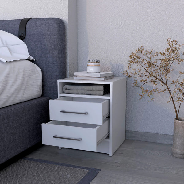 English Elm White 2-Drawer Nightstand with Open Shelf, Smooth-Glide Drawers, Durable Melamine Finish for Stylish Bedroom Storage B062P230639