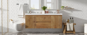 English Elm [video]59.3 Inch Wall Mounted Double Sink Vanity Wood Grain Mdf Soft Close Storage N729P000026N