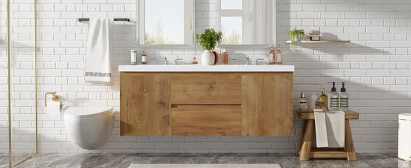 English Elm [video]59.3 Inch Wall Mounted Double Sink Vanity Wood Grain Mdf Soft Close Storage N729P000026N