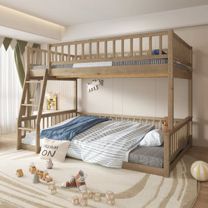 English Elm Full Xl Over Queen Bunk Bed Pine Frame with Guardrails Ladder and Slat Support Walnut GX000450AAD