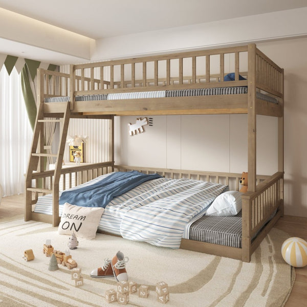 English Elm Full Xl Over Queen Bunk Bed Pine Frame with Guardrails Ladder and Slat Support Walnut GX000450AAD