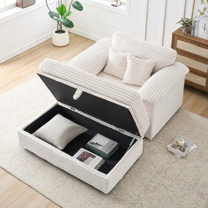 English Elm 47.24-inch corduroy armchair with storage ottoman and USB ports, spring seat, solid wood frame lounge White W3356S00024