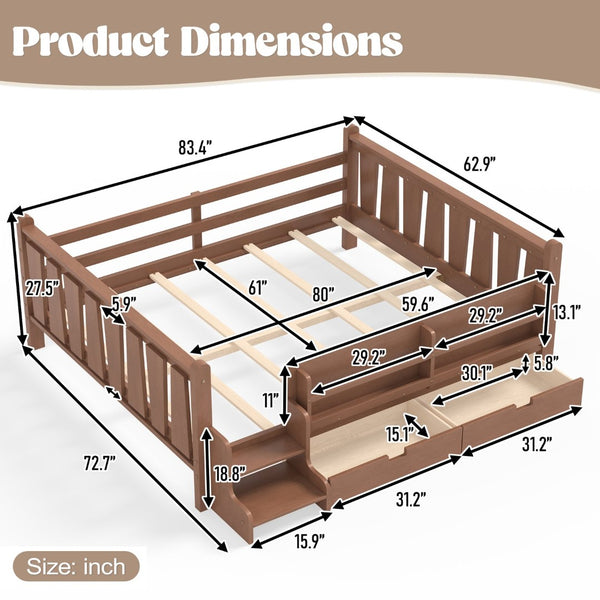 English Elm Queen Bunk Bed with Trundle Solid Pine Kids Car Themed Frame Built-in Bookshelf Natural W1580S00543