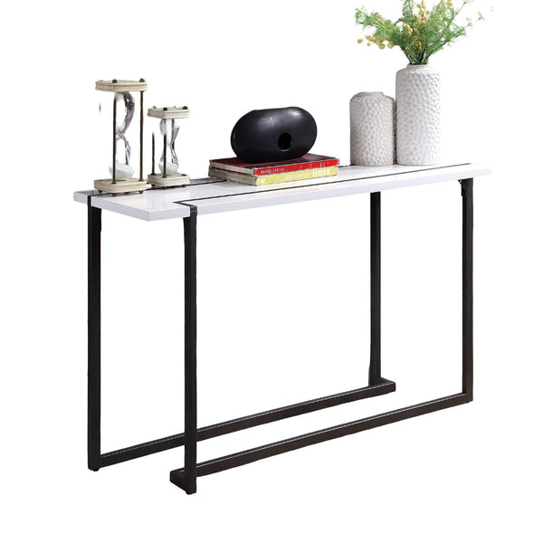 English Elm Modern Contemporary Sofa Table with High Gloss Lacquer Top and Sleek Metal Frame for Entryway Decor Gunmetal,White 48 L x 30 W x 6 H B2741S00429