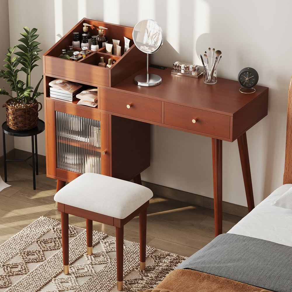 English Elm Modern Makeup Vanity Desk with Reeded Glass Door, 4-Compartment Cubby, Charging Port & Stool Comfortable Craftsmanship for Compact Spaces Walnut N844P285187W