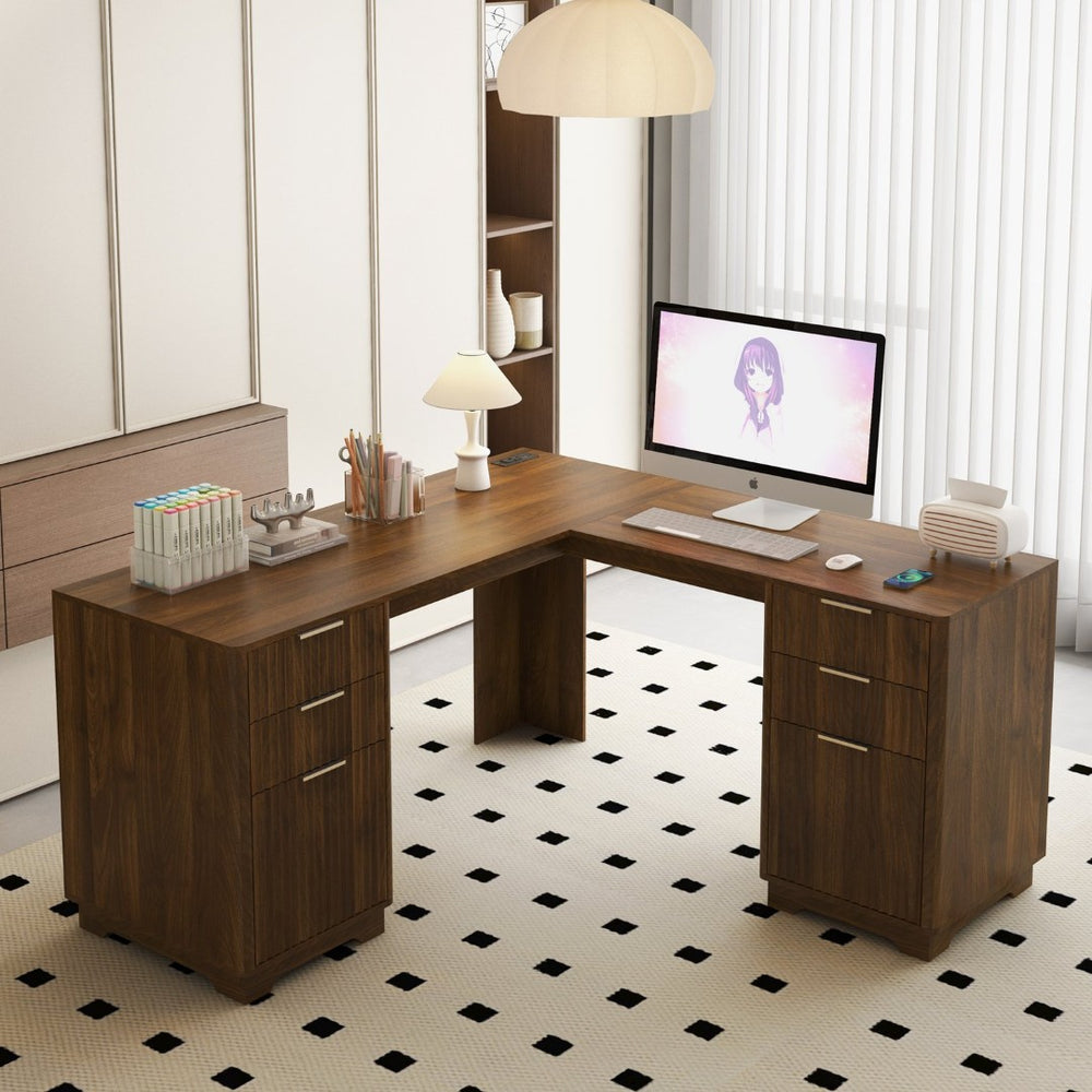 English Elm L Shaped Corner Desk with Storage Cabinet Built in Charging Station Home Office W1321S00037