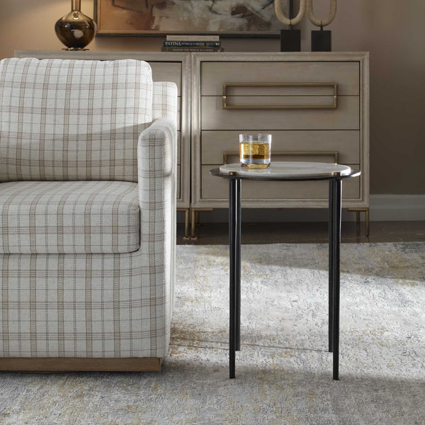 Uttermost Wren White Marble Round Top End Table with Bronze Iron Base