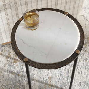 Uttermost Wren White Marble Round Top End Table with Bronze Iron Base