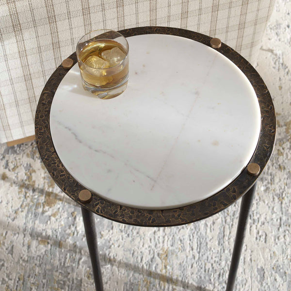 Uttermost Wren White Marble Round Top End Table with Bronze Iron Base