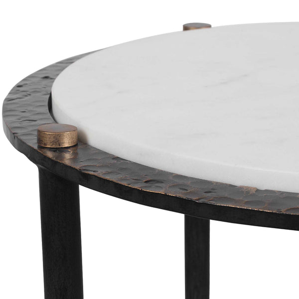 Uttermost Wren White Marble Round Top End Table with Bronze Iron Base
