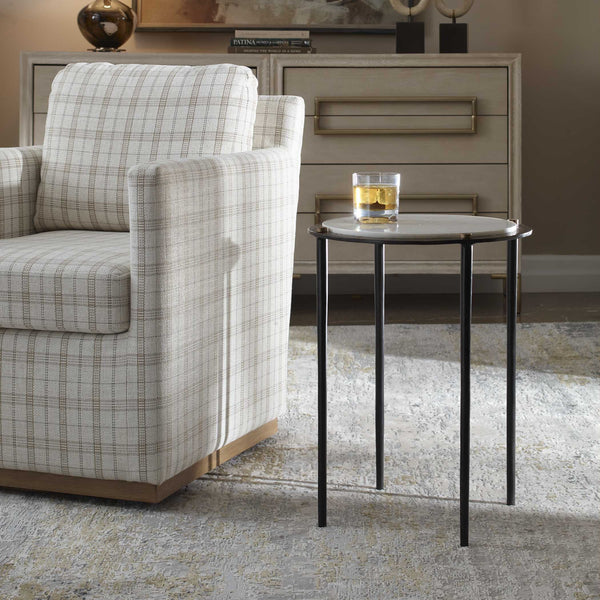 Uttermost Wren White Marble Round Top End Table with Bronze Iron Base